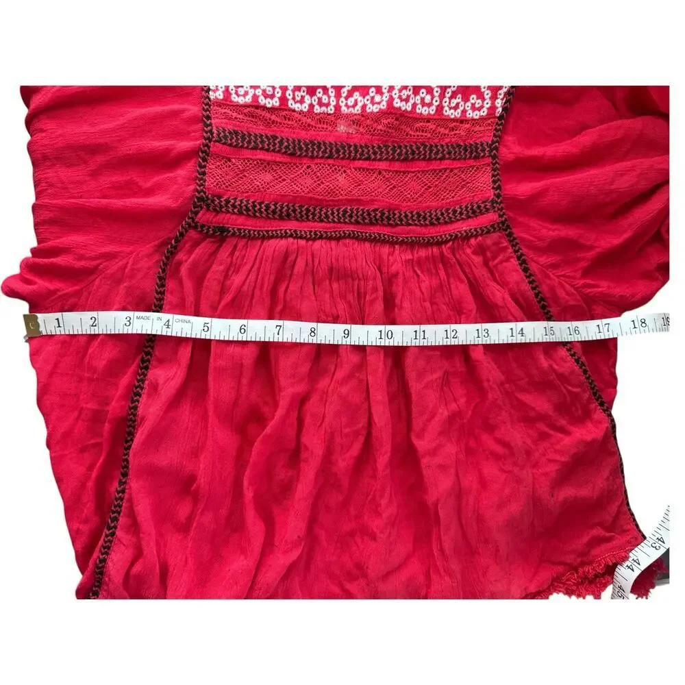 Free People Red Boho‎ Embroidered Lace Peasant Top Women’s Size S